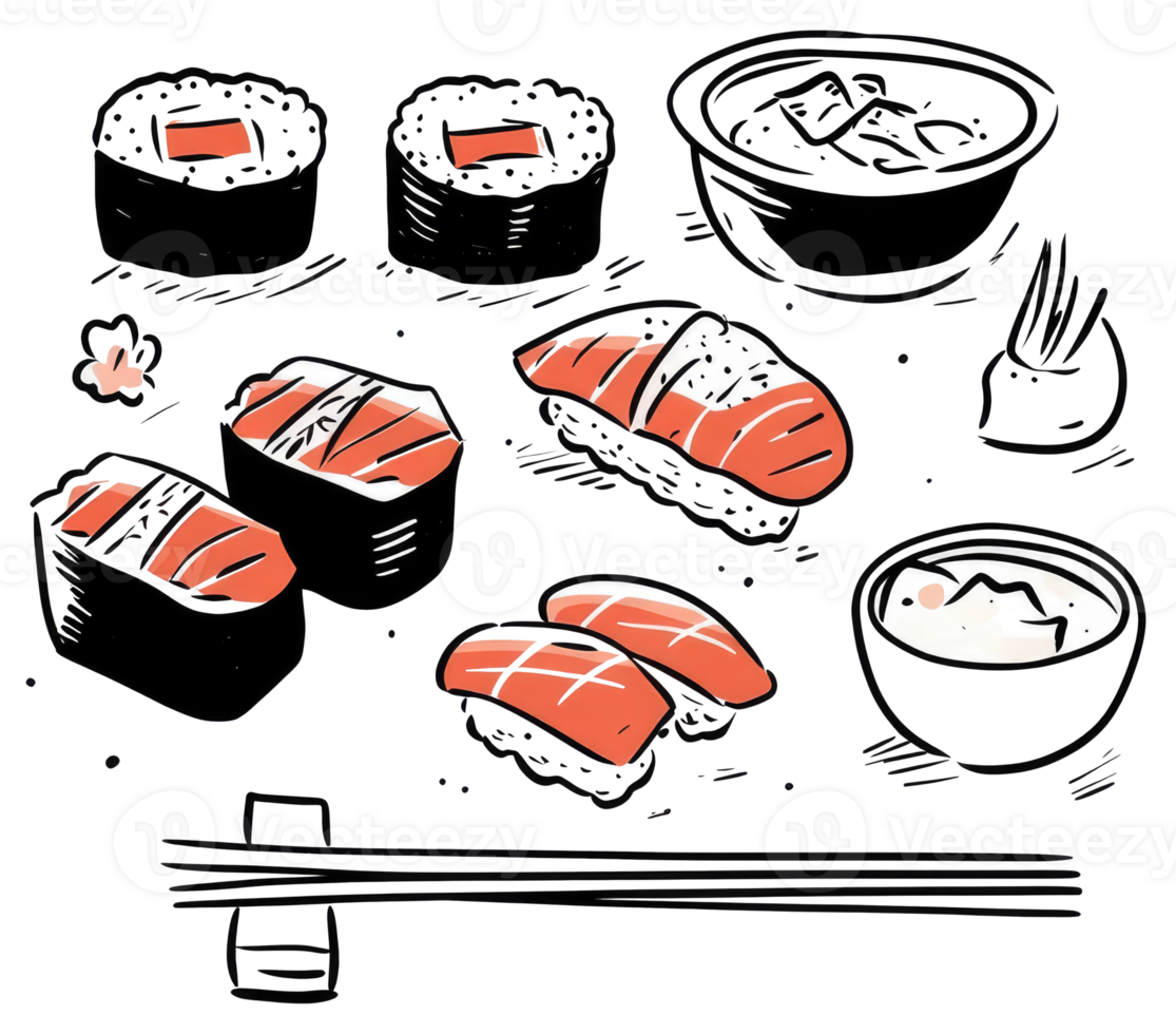 Illustration of various sushi rolls sashimi soup and chopsticks png