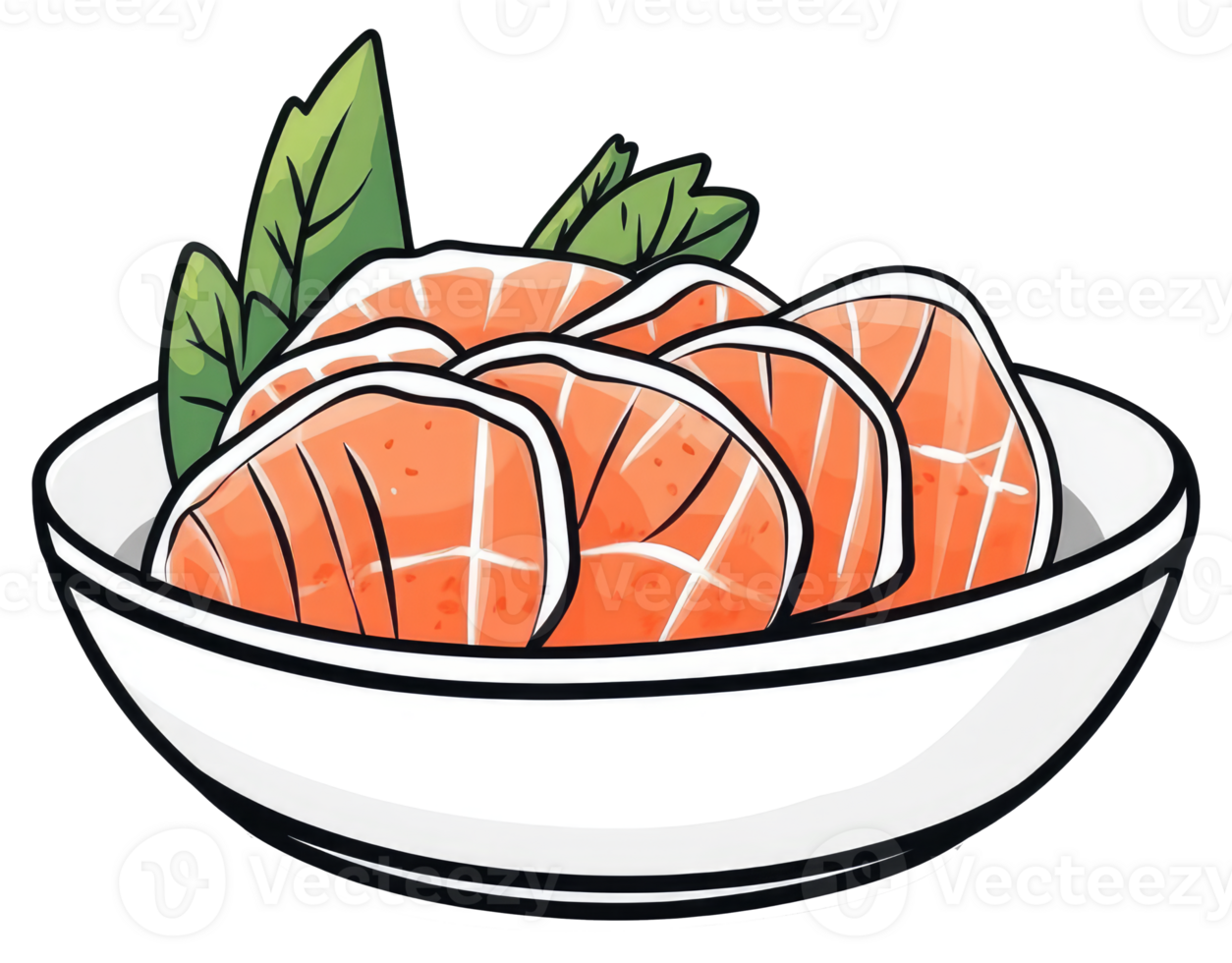 A white bowl with salmon slices and green garnishes png