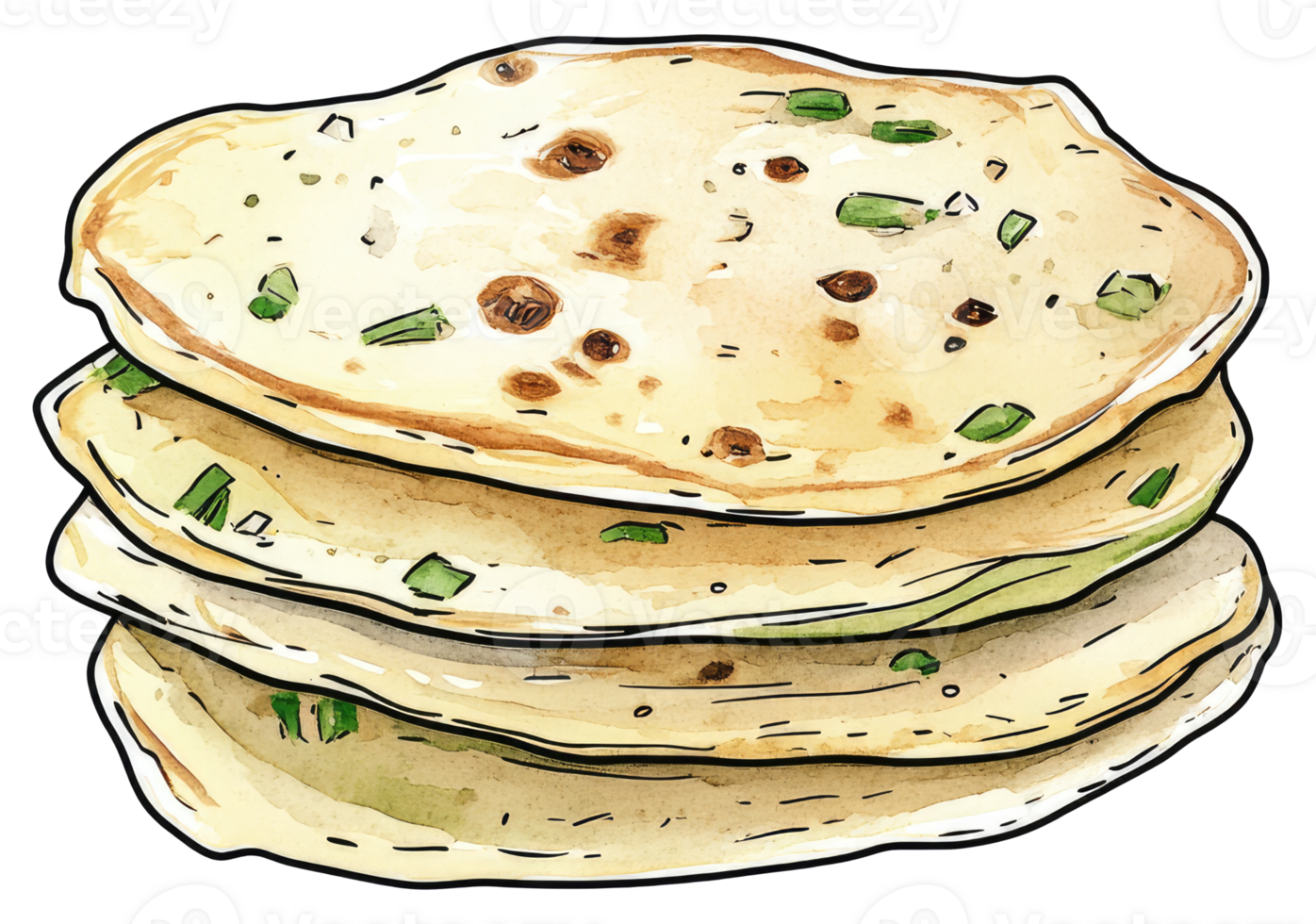 Stack of fresh flatbreads with chopped green herbs and spices png