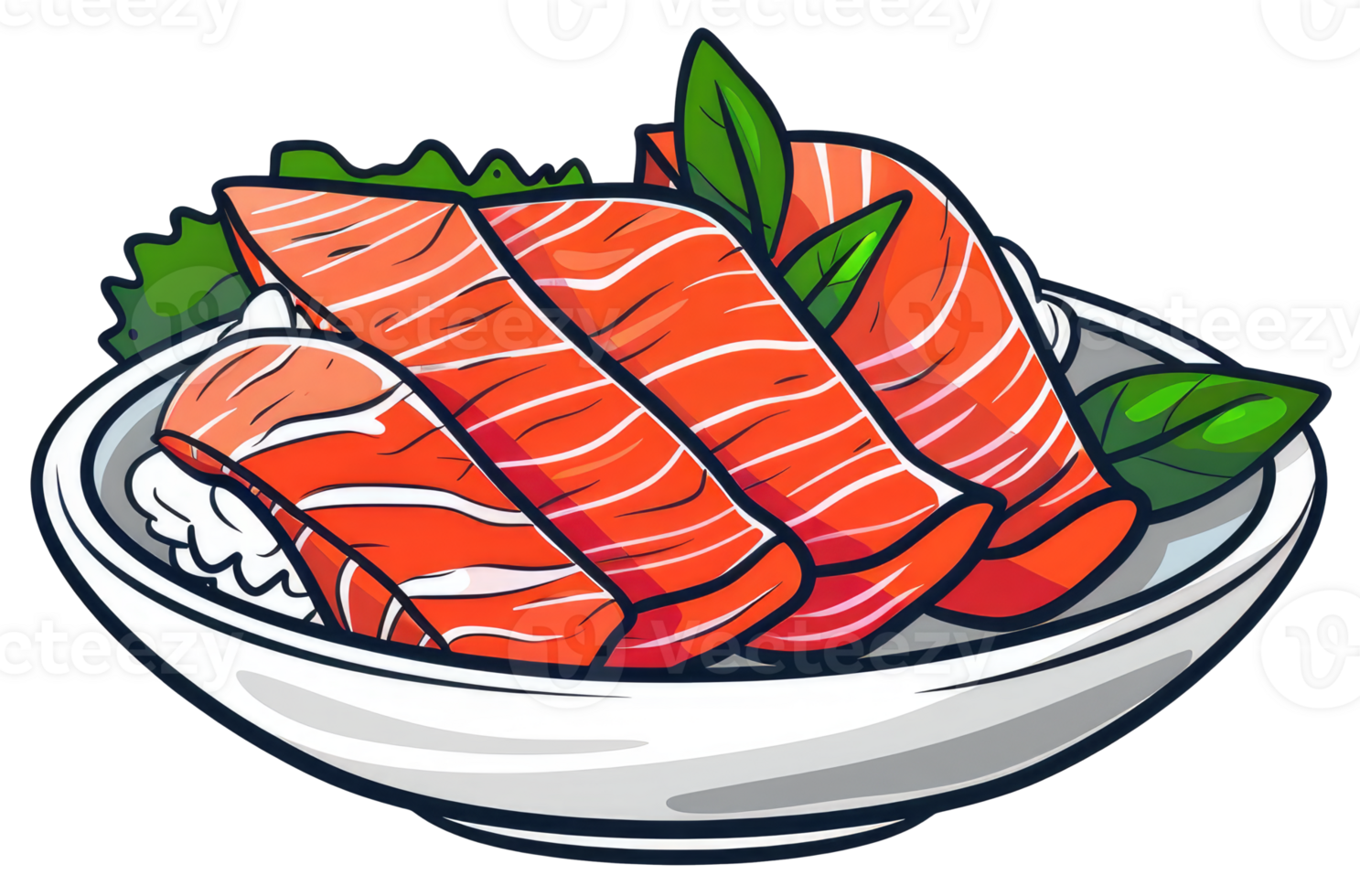 Sliced Raw Fish Arranged With Rice Greens And Decorative Leaves png