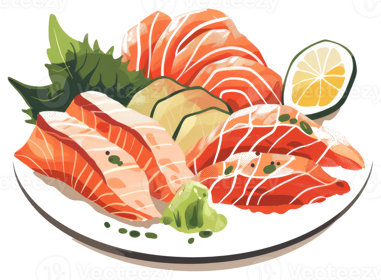 Illustration of artistic sashimi with wasabi and citrus garnish png