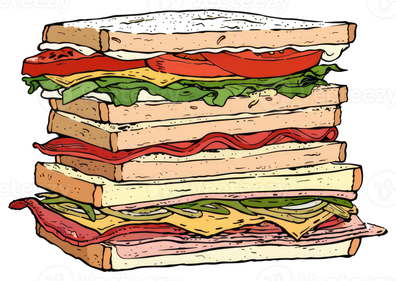 A tall cartoon illustration of a layered sandwich on a white background png