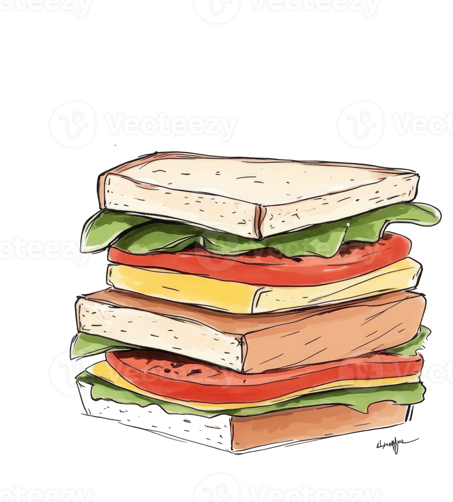 A tall and colorful layered sandwich made with fresh ingredients png