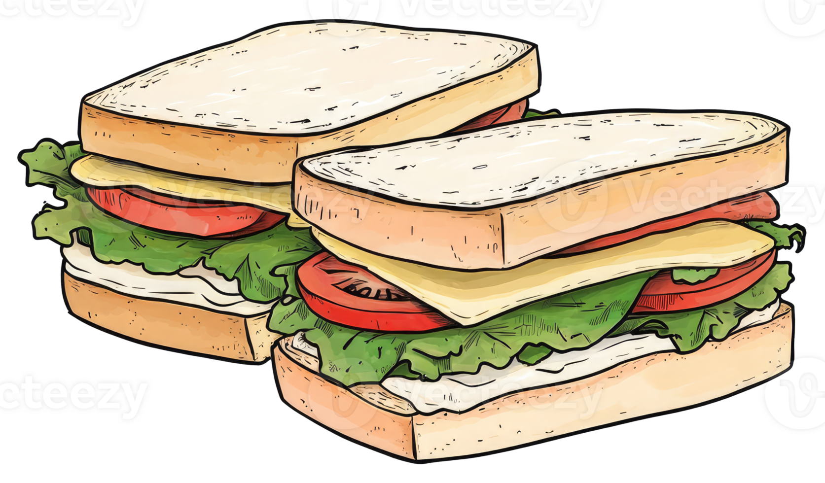 Two delicious sandwiches with various fresh ingredients are shown png