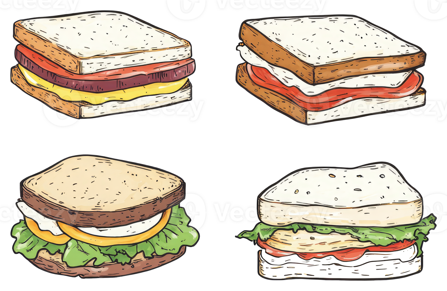 Four different sandwich illustrations depicting various fillings and ingredients png