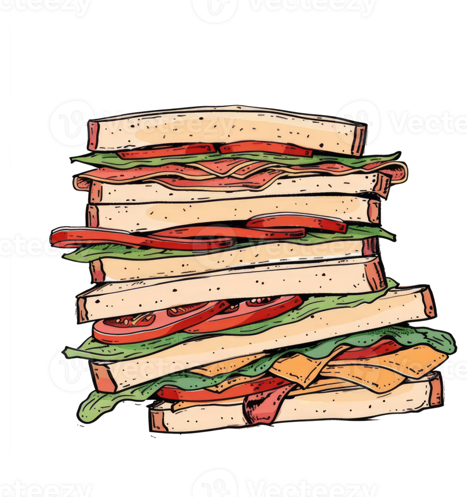 A layered sandwich featuring multiple ingredients stacked on top of each other png