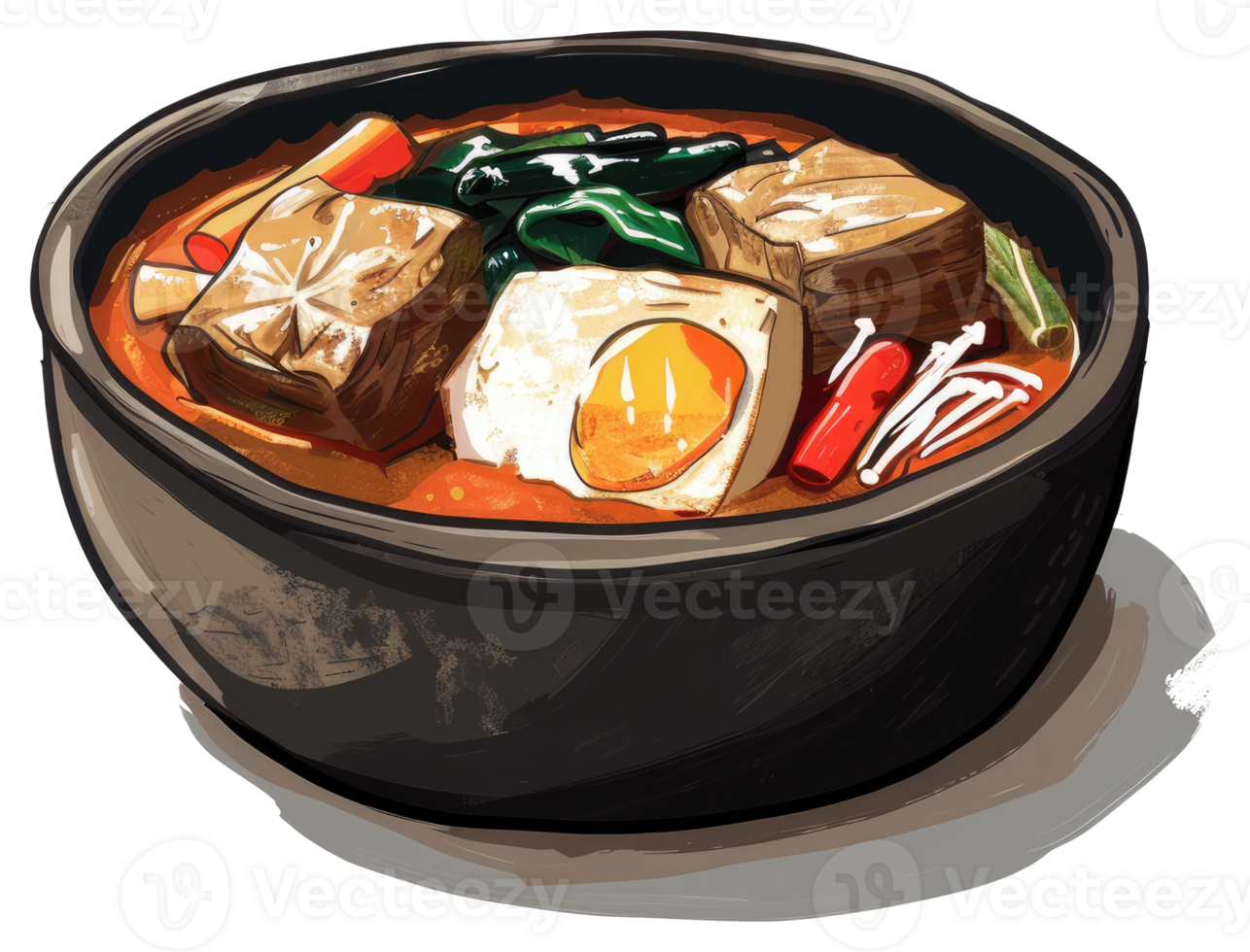 A colorful illustration of a bowl of savory stew ready to eat png
