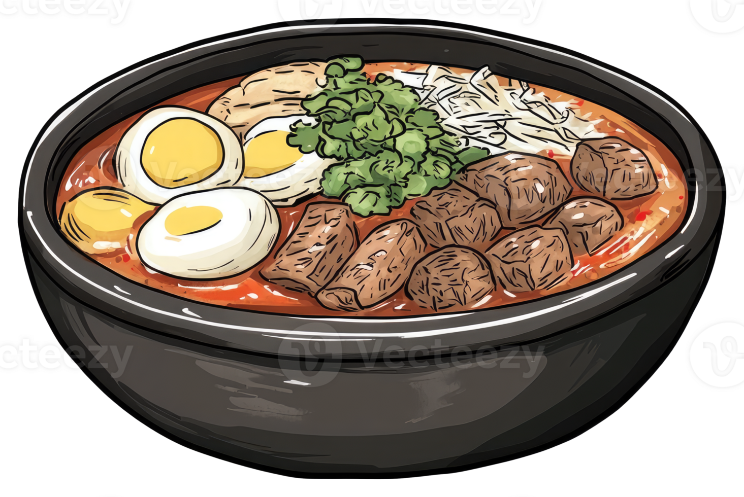 A bowl of delicious noodles with various savory toppings png