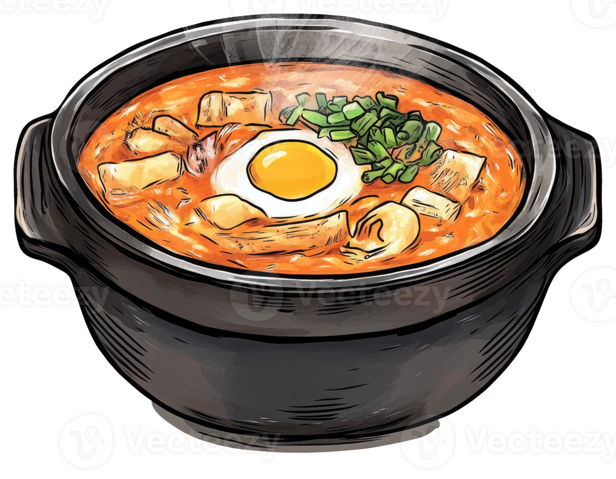 Delicious looking stew with an egg served in a pot png