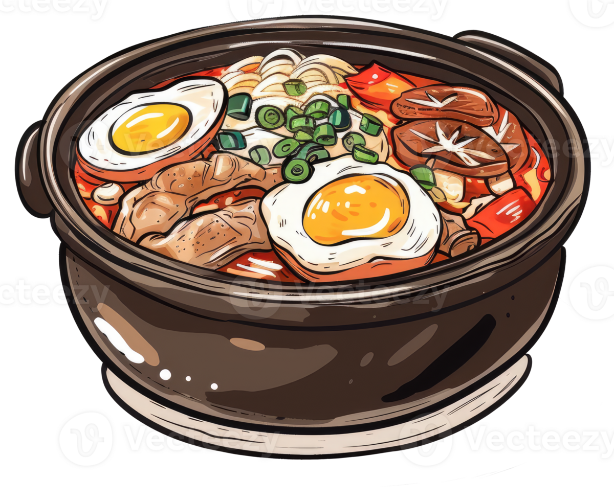 A delicious bowl of ramen noodles with various colorful toppings png