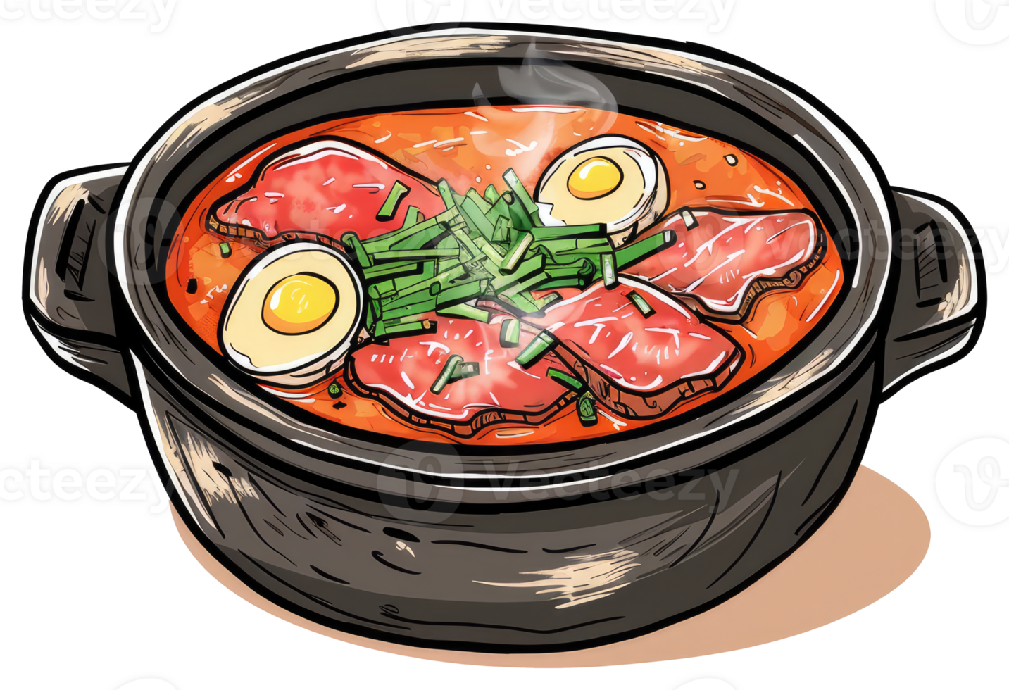 Delicious looking bowl of soup with eggs and meat png