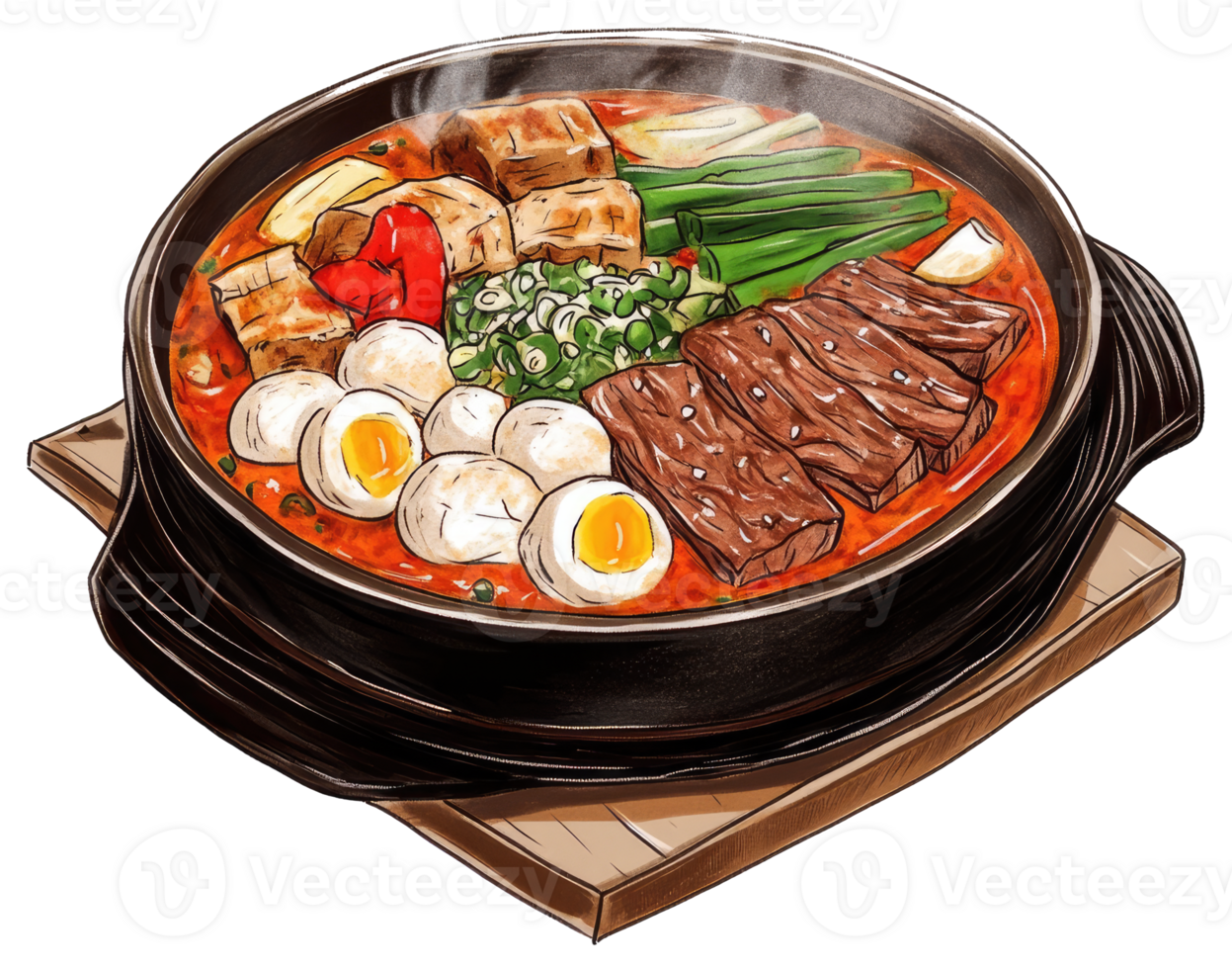 Delicious hot stew with various ingredients served in a pot png