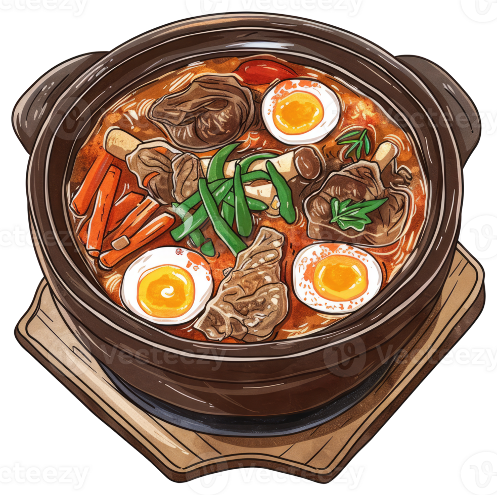 A delicious stew with vegetables and boiled eggs in a pot png