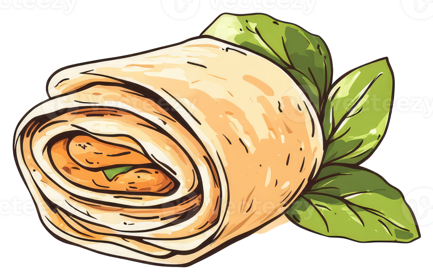 An illustration of a rolled wrap with some fresh basil leaves png