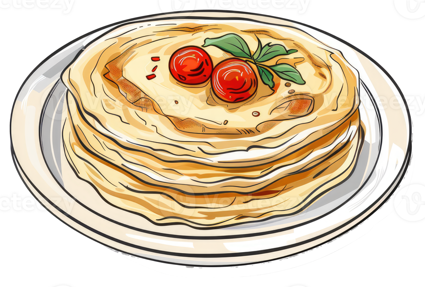 Stacked pancakes served on a white plate with fresh tomato garnish png