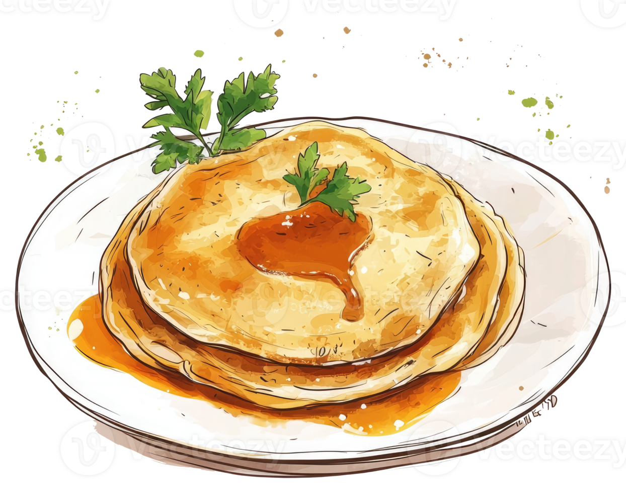 A stack of golden pancakes served on a white plate png