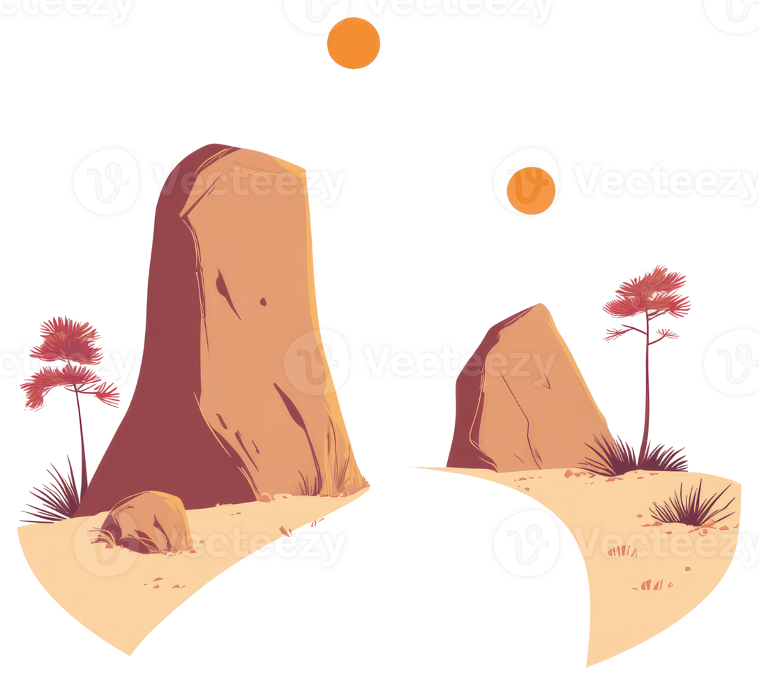 Desert landscape with rock formations and sparse plant life under the sun png