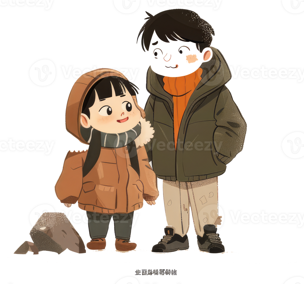 Two cartoon children are bundled up in winter clothing outdoors png