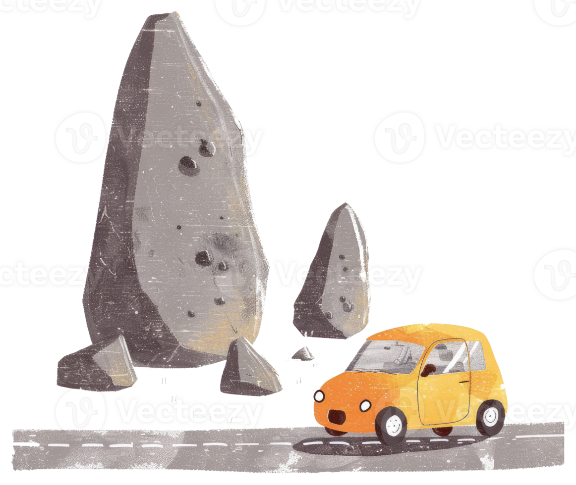 An orange cartoon car drives down a road past large rocks png