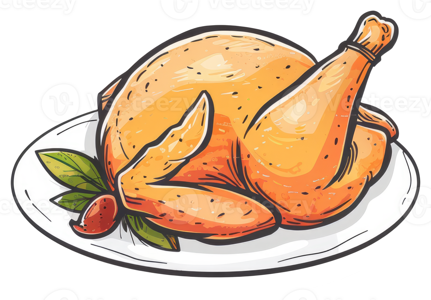 A Roasted Chicken Served on a White Plate with Greenery png