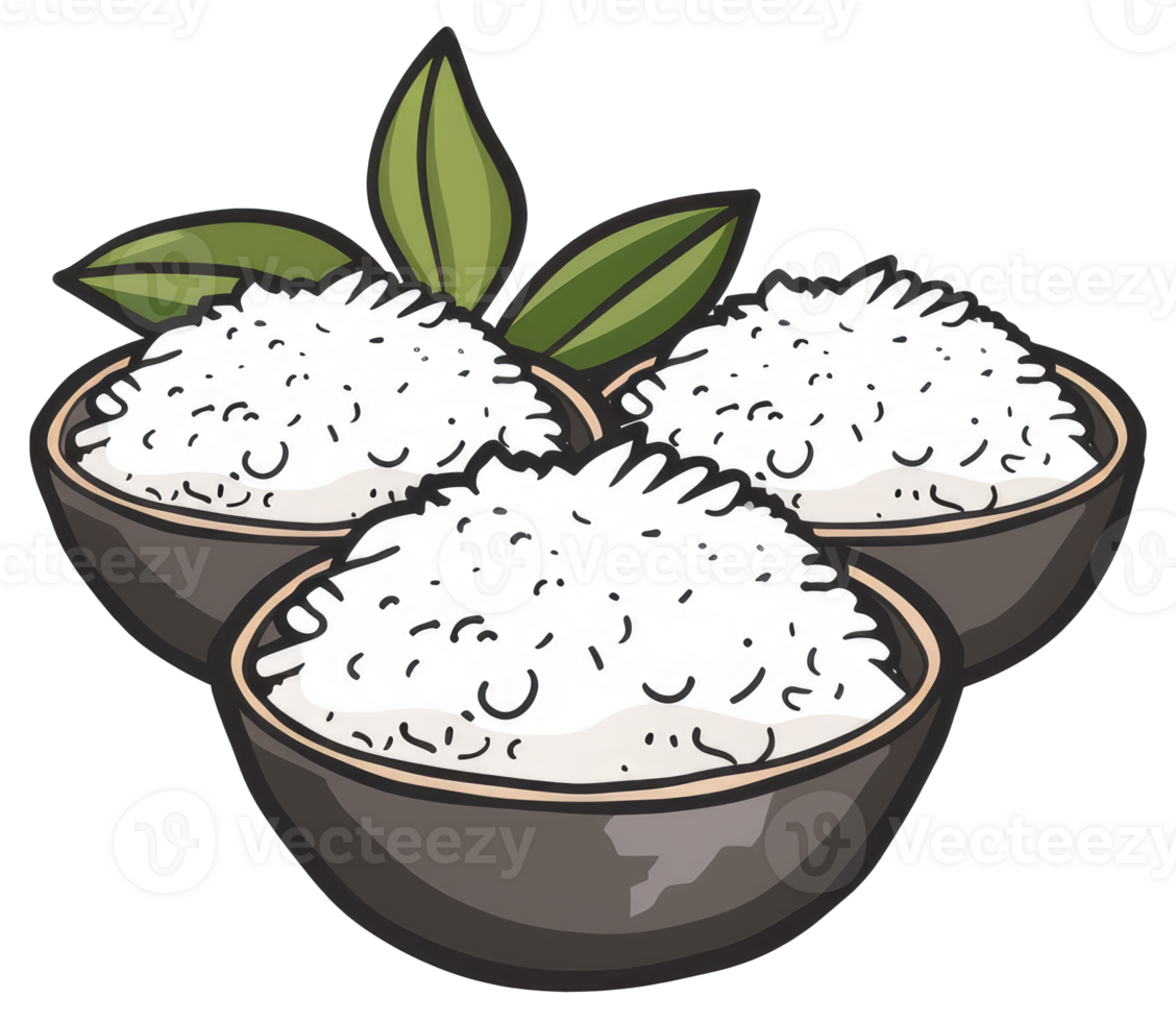 Three bowls of cooked rice are displayed with leaves png
