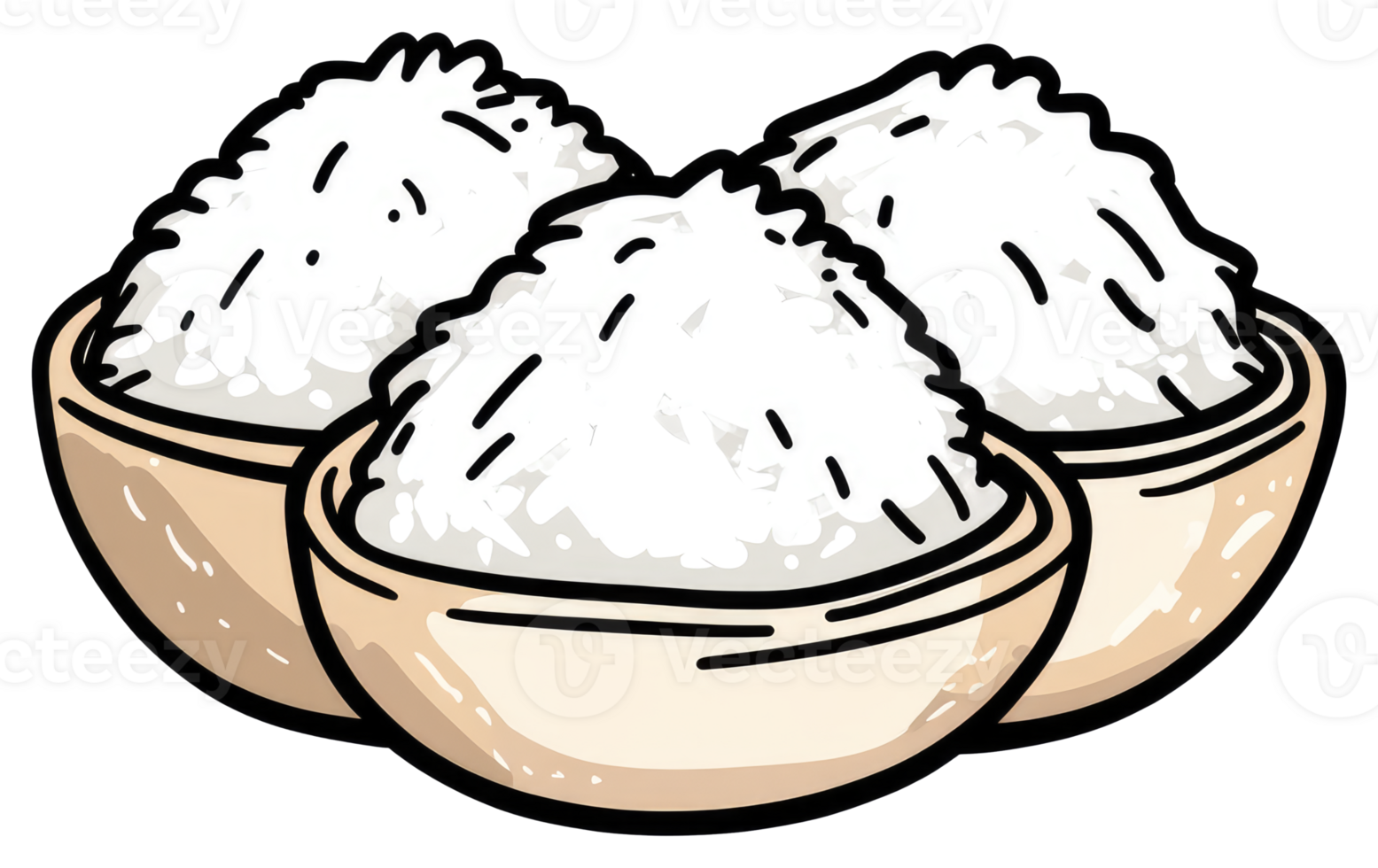 Three bowls of cooked white rice are stacked together closely png