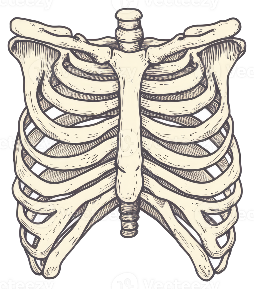 Illustration depicting a human ribcage with sternum and clavicles visible png