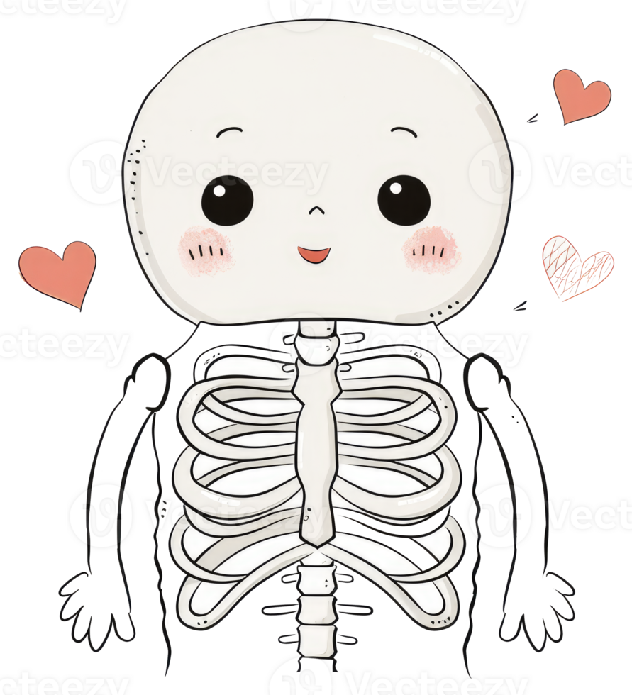 An adorable cartoon skeleton character is showing three hearts near it png