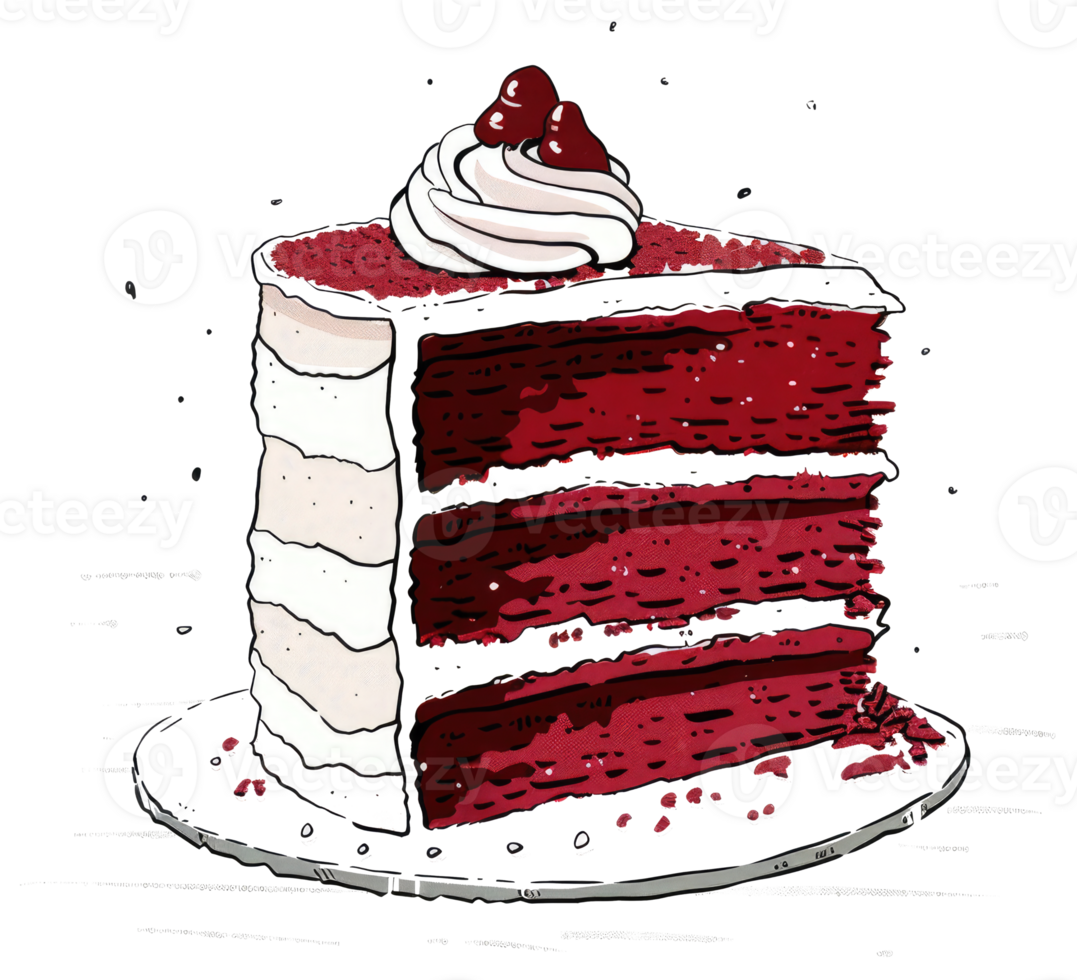 A delicious red velvet cake slice decorated with sweet cream and cherries png