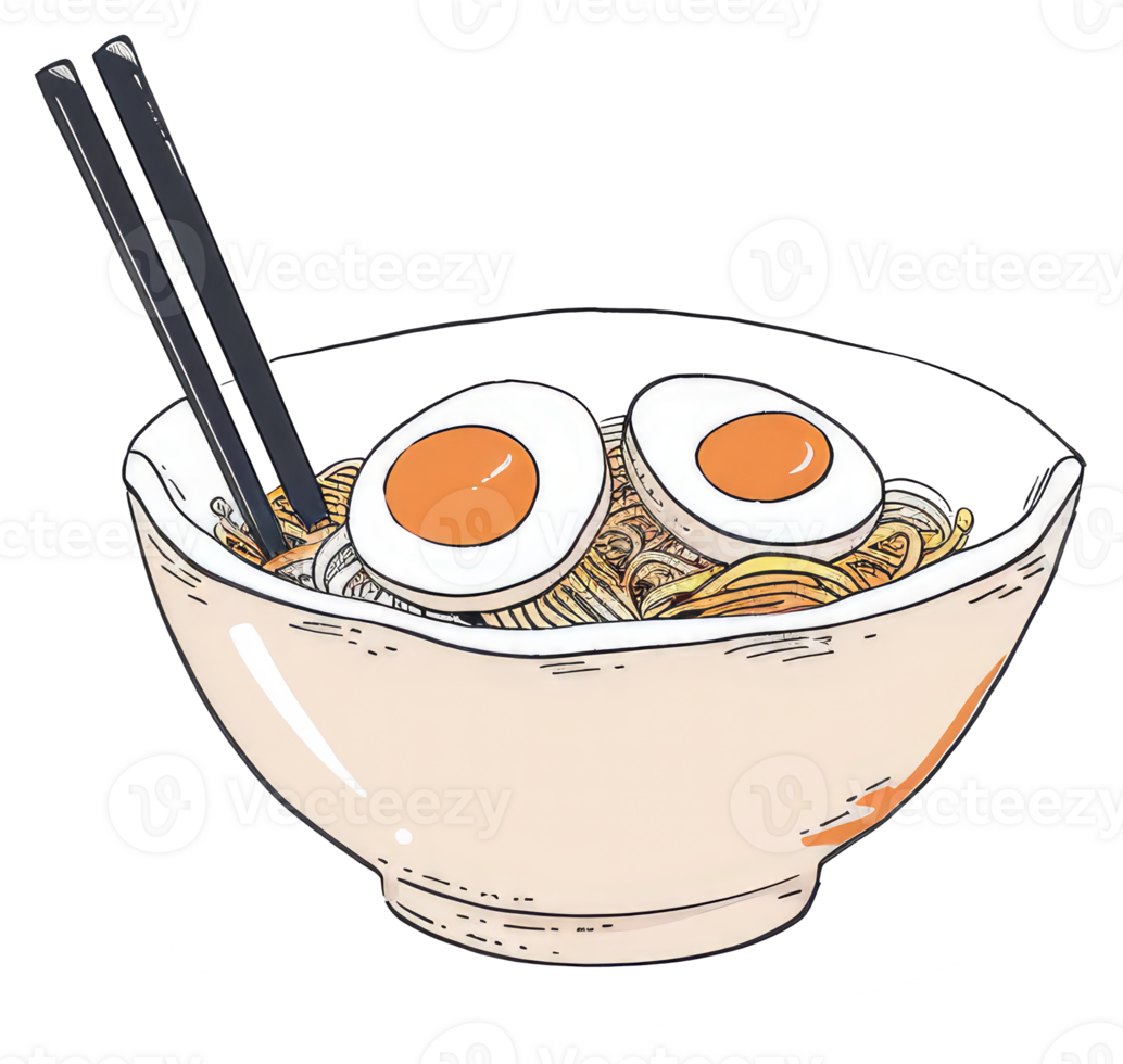 A bowl of noodle soup with egg halves and chopsticks png