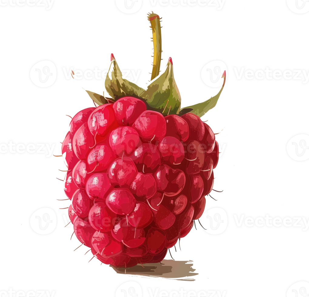 A vibrant red raspberry fruit with green leaves and stem is presented png