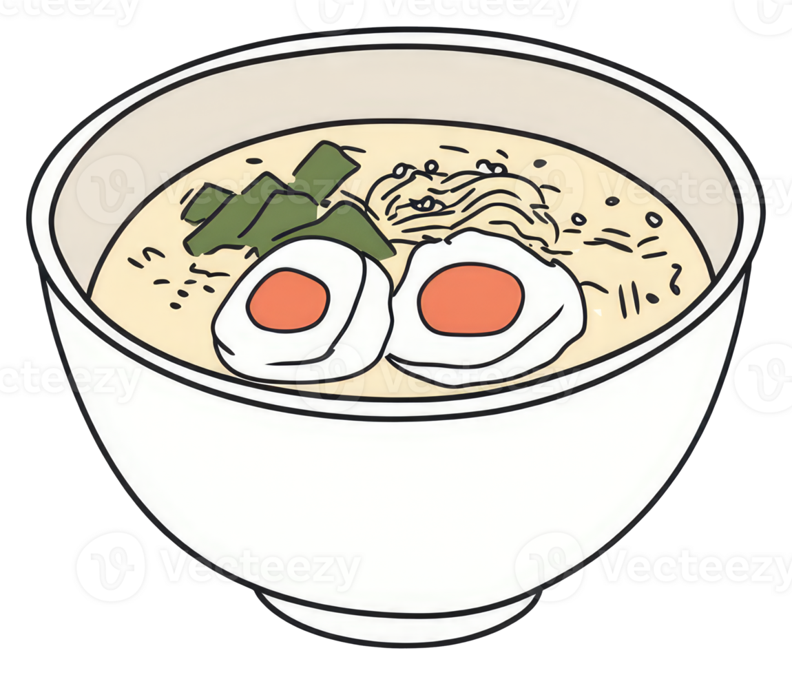 A bowl of ramen noodles with eggs and seaweed in it png