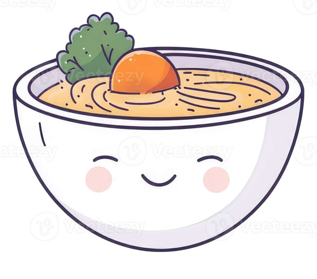 A cute animated bowl of noodles with egg and garnish png