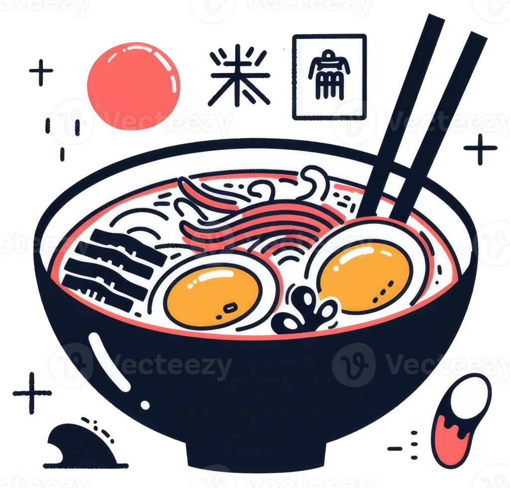 A delicious bowl of ramen noodles with eggs and chopsticks png