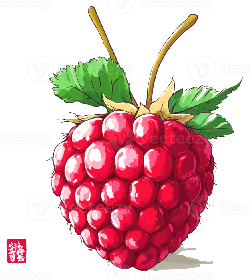 A detailed artistic illustration of a vibrant red raspberry fruit png