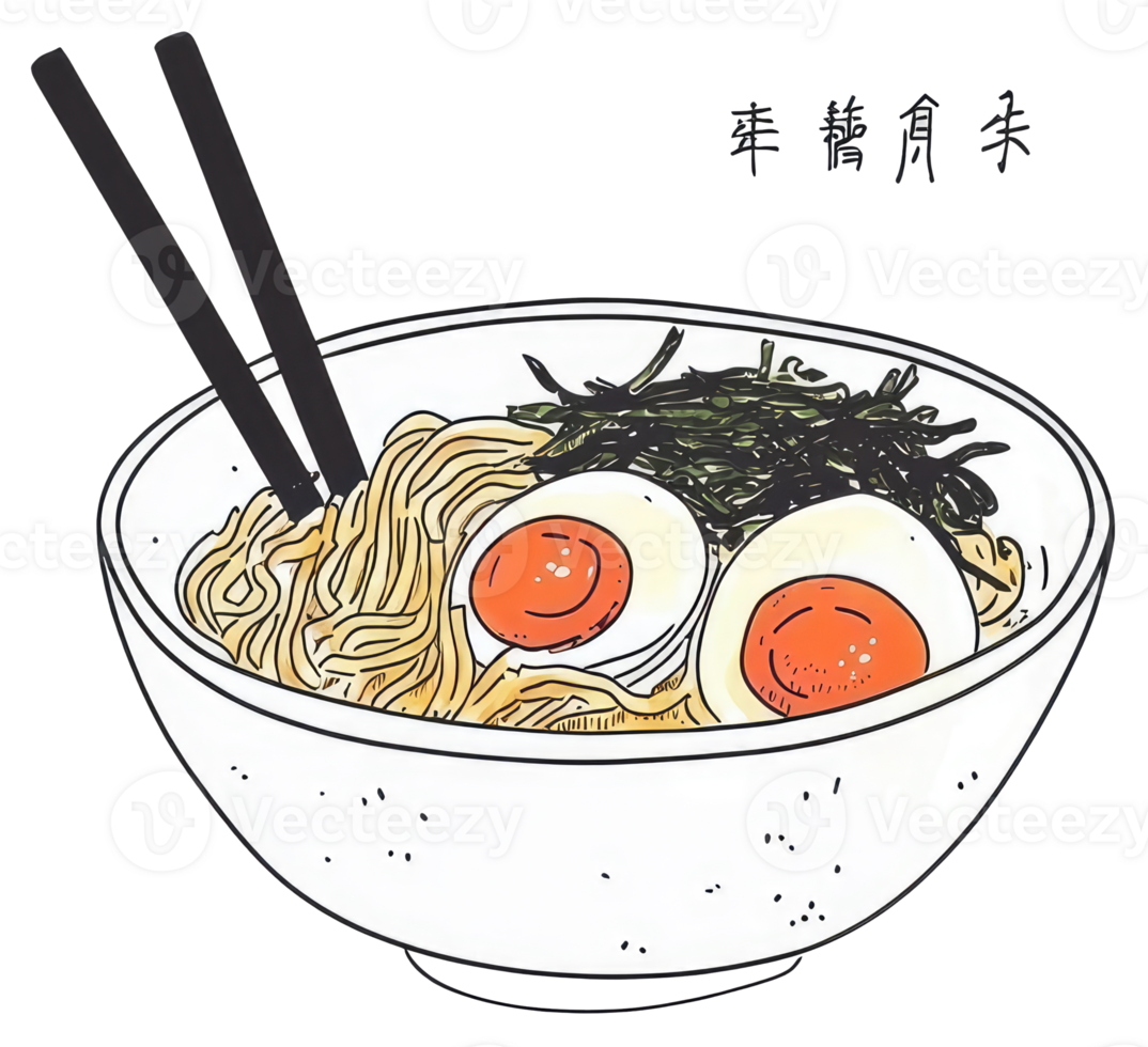 Delicious bowl of ramen noodles with egg and seaweed illustration png