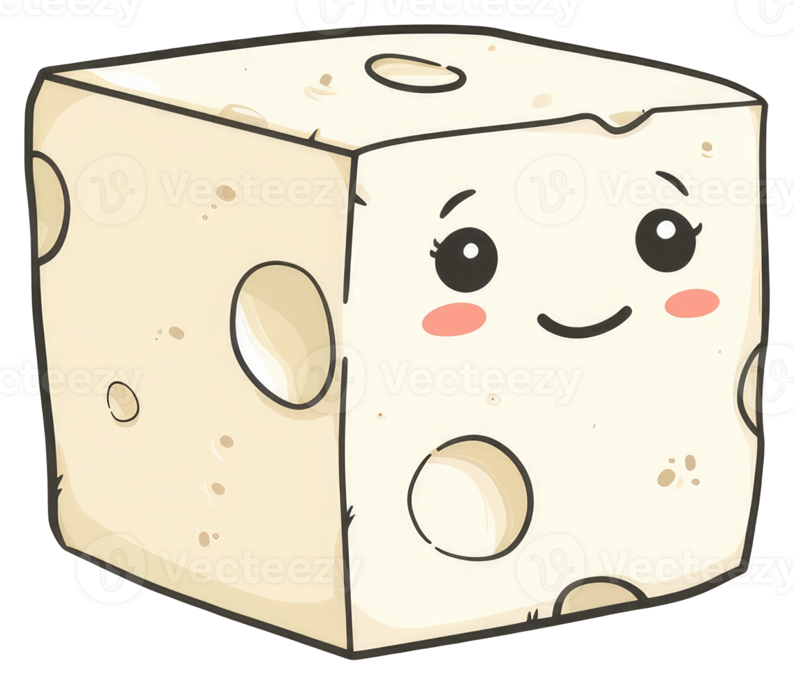 A smiling cartoon cheese block with holes and rosy cheeks png