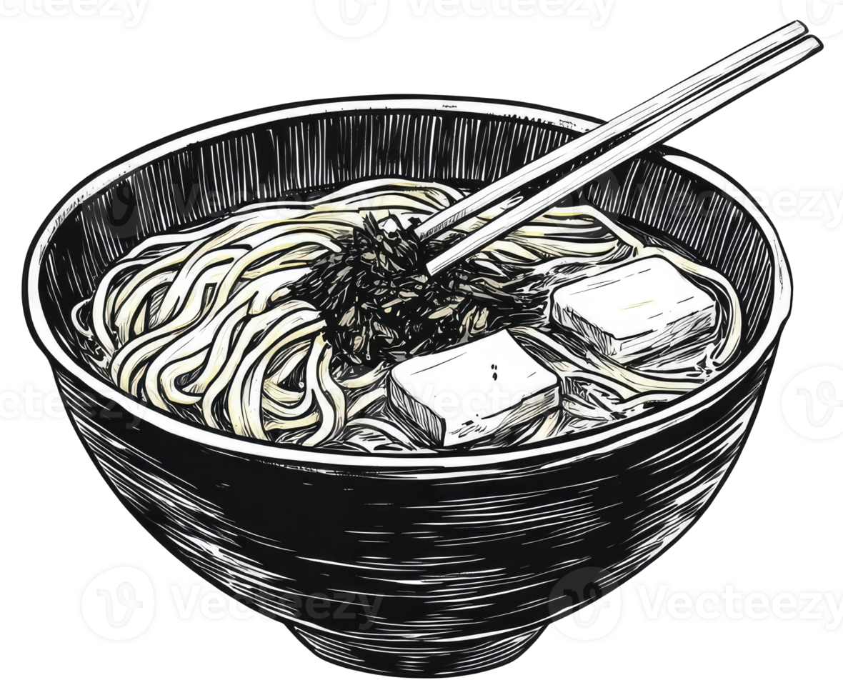 A bowl of noodles with broth and tofu ready to eat png