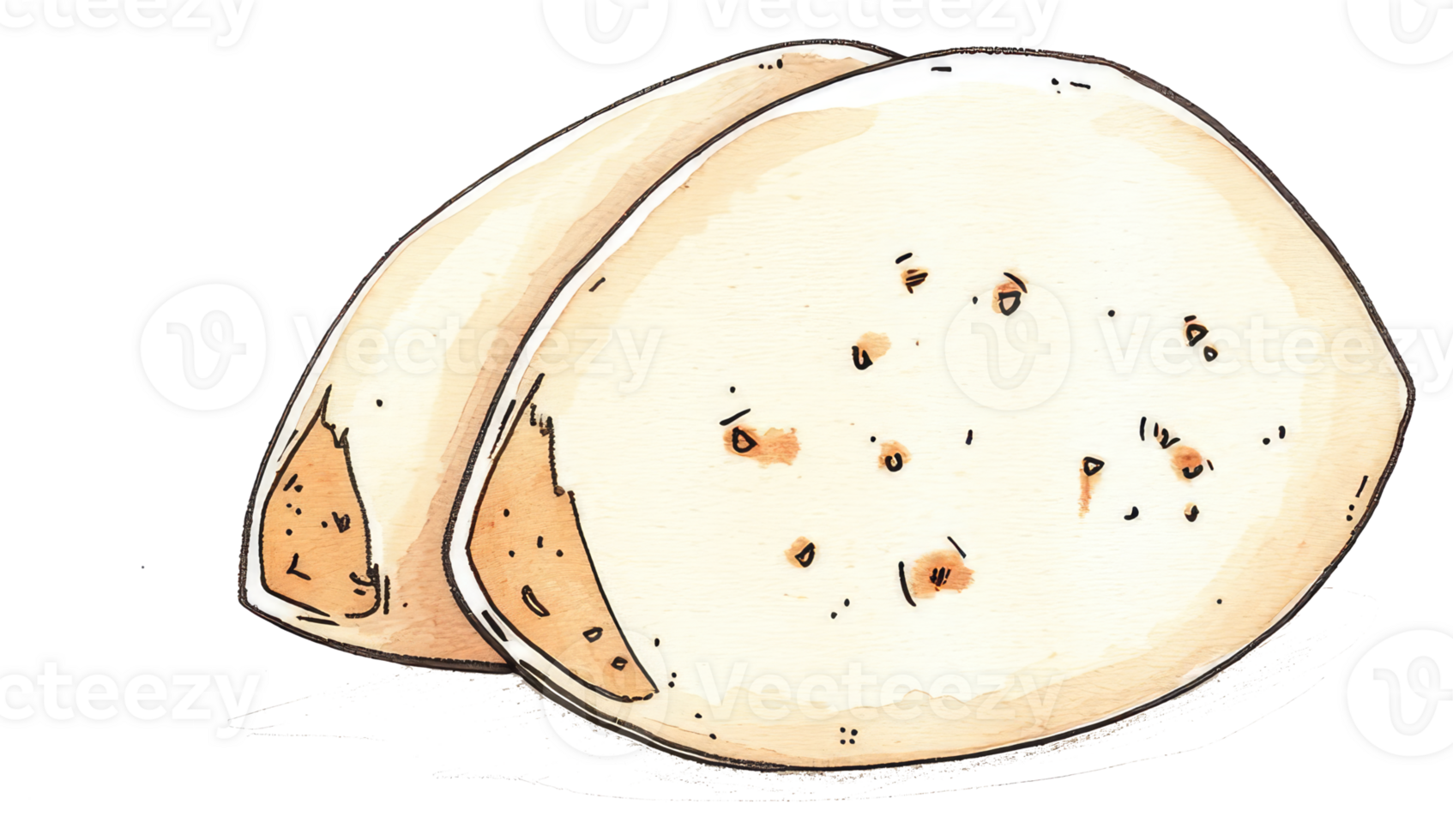 Two round flatbreads illustrated with ink and watercolor style png