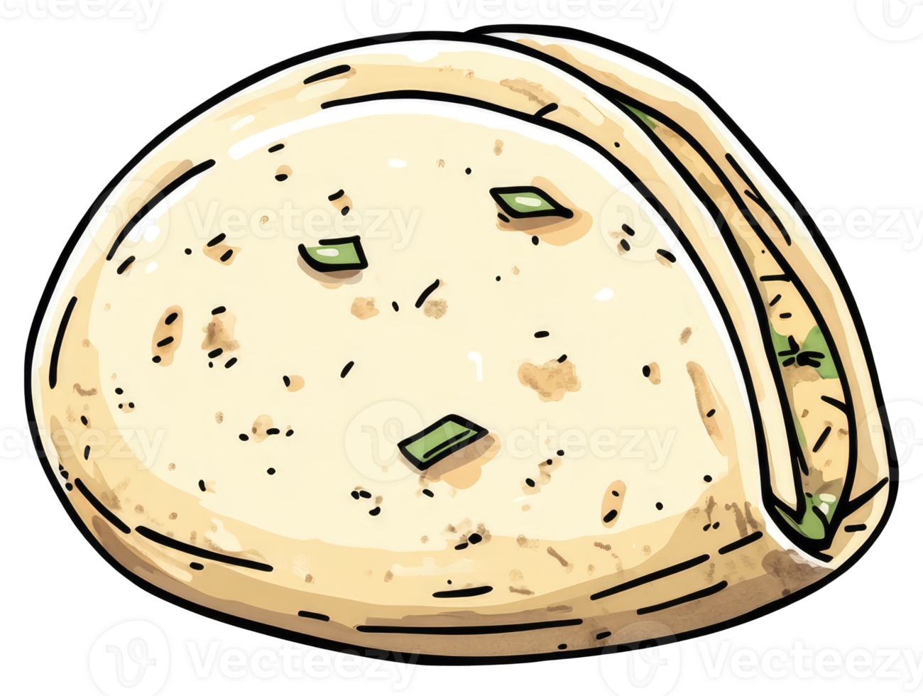 Illustrated image of a folded flatbread sandwich with filling inside png