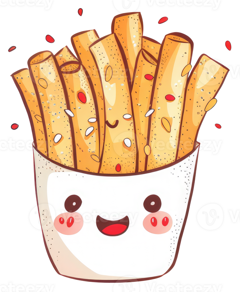 A cartoon drawing of happy french fries in a container png