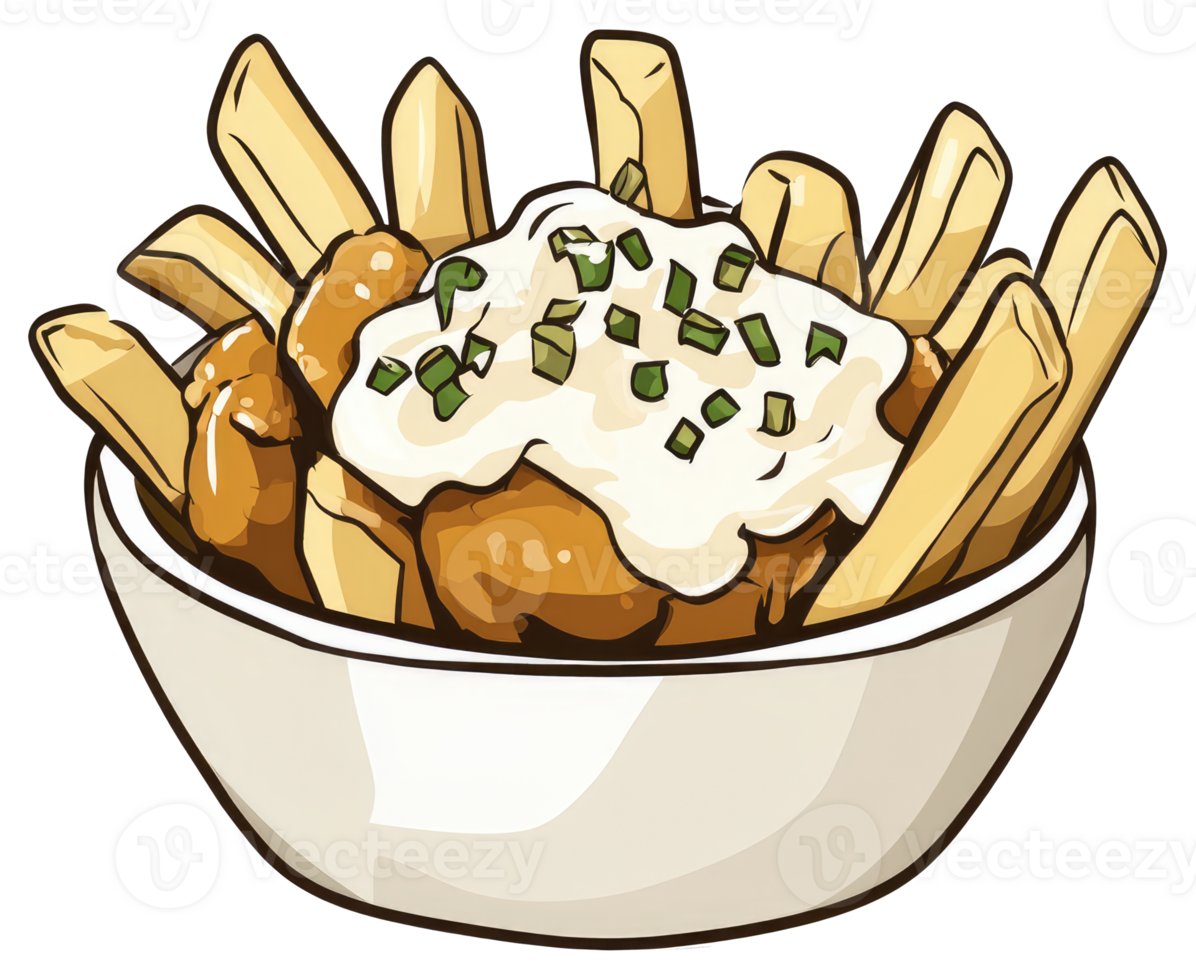 A bowl of food with french fries and sauce depicted png