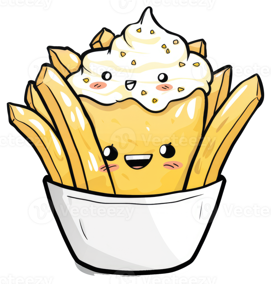 A cute cartoon image depicting french fries with tasty sauce png