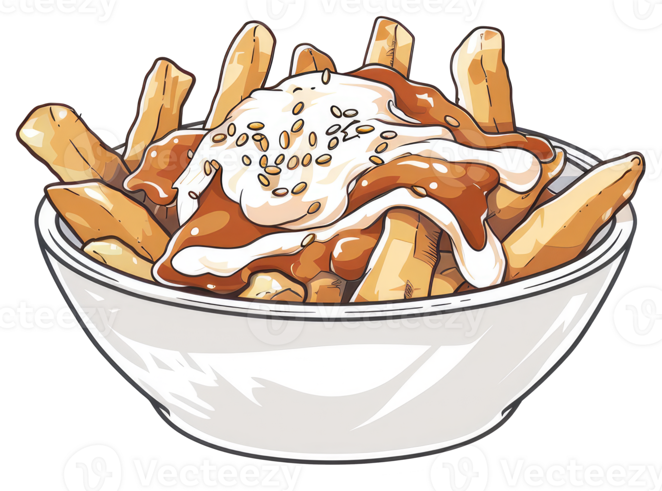 A bowl of delicious fries topped with a creamy sauce png