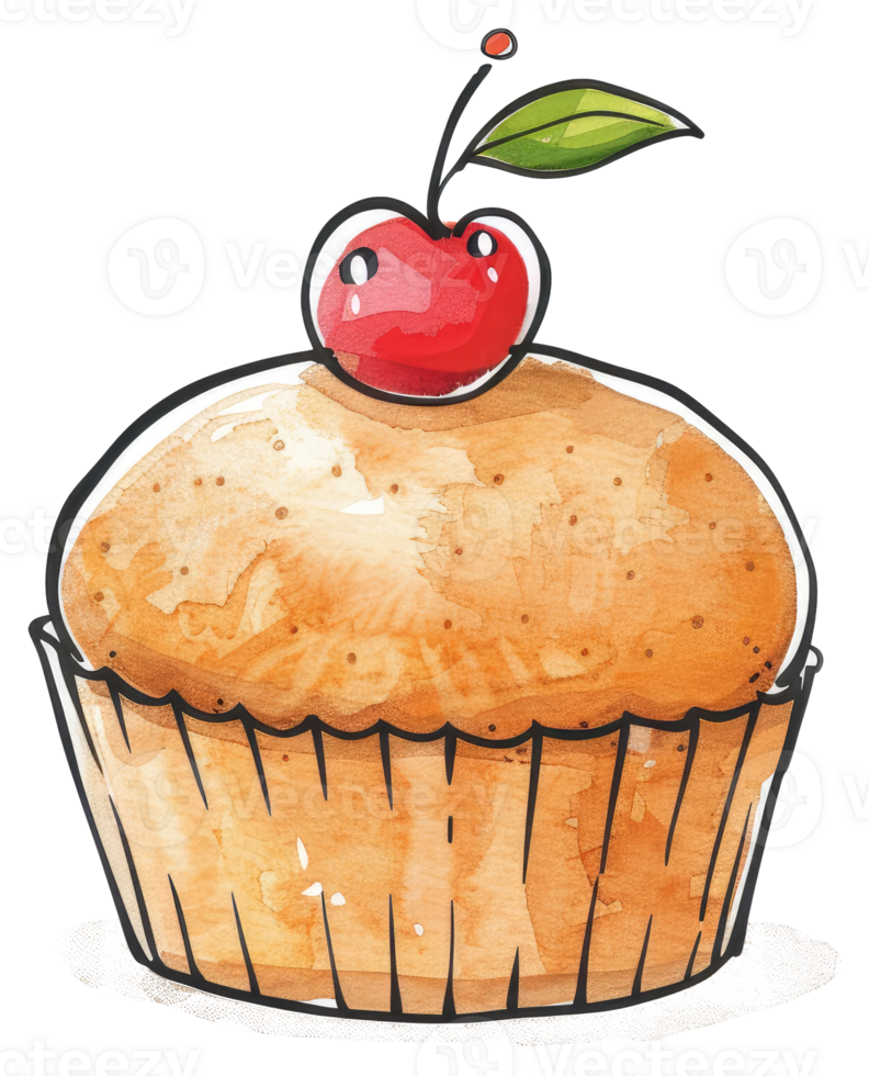 A watercolor illustration of a cupcake with a cherry on top png