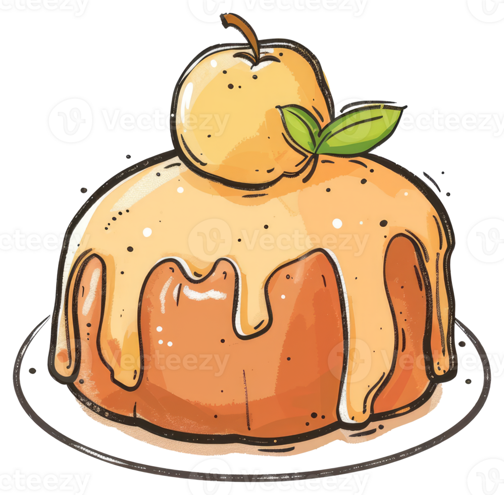 An illustrated delicious baked cake with fruit topping and leaves png