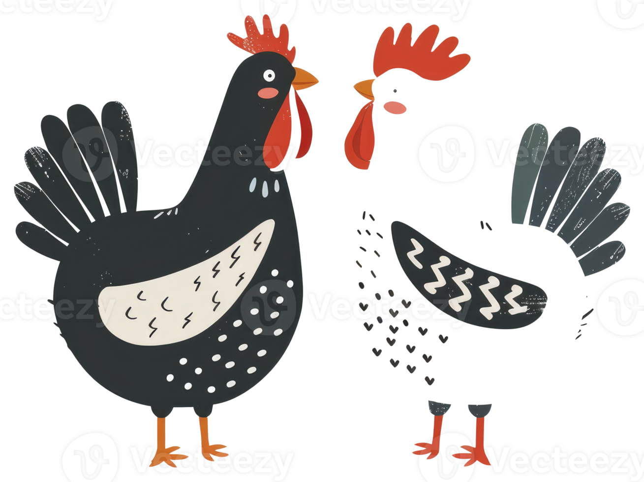 Two stylized roosters with vibrant red combs and waddles are facing png