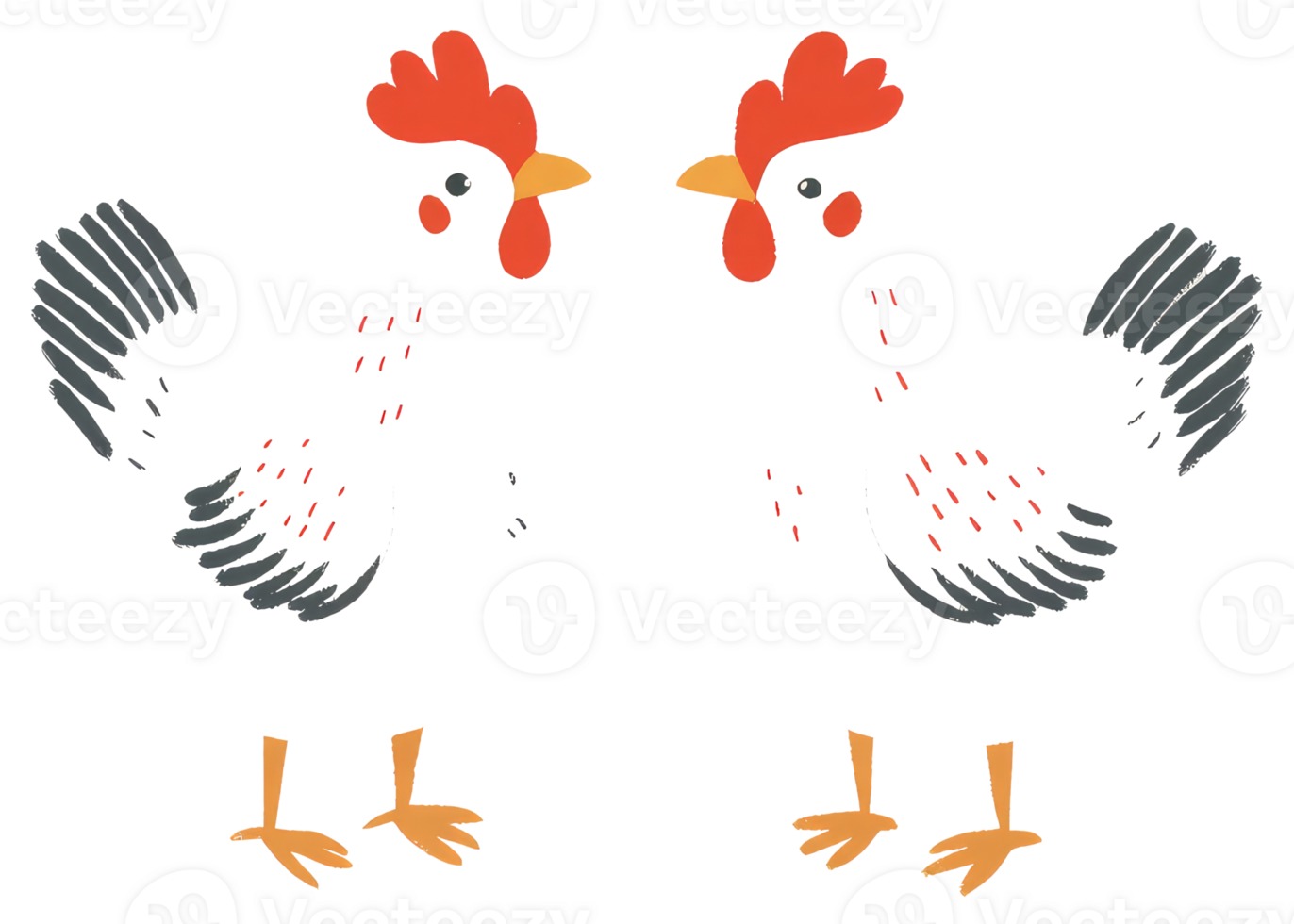 Two stylized chickens are facing towards each other in an image png