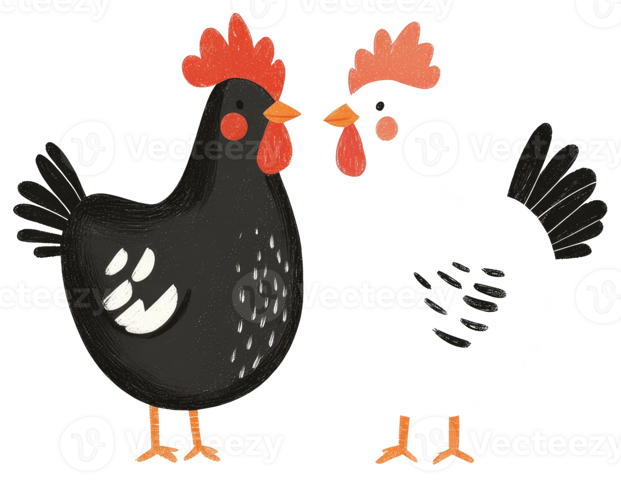 Two colorful chickens stand facing each other on a white background png