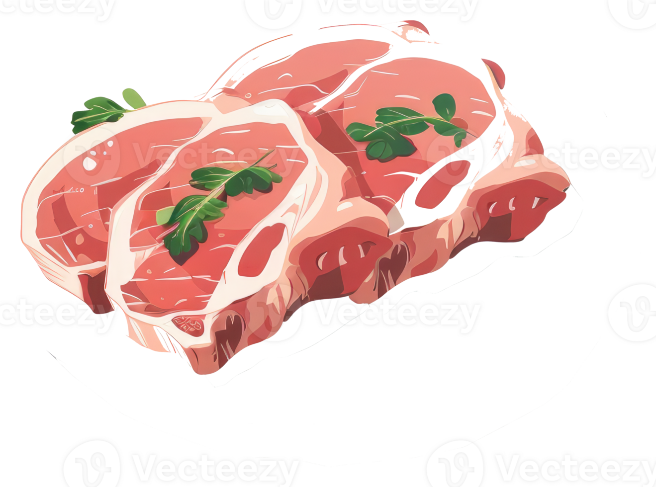 A colorful artistic illustration depicting raw fresh meat and green herbs png